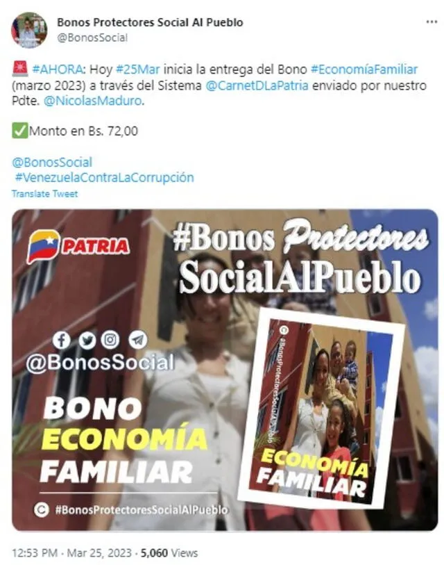  Pago del Bono Economóa Familiar inicia el 25 de marzo del 2023. Foto: Twitter/ @BonosSocial