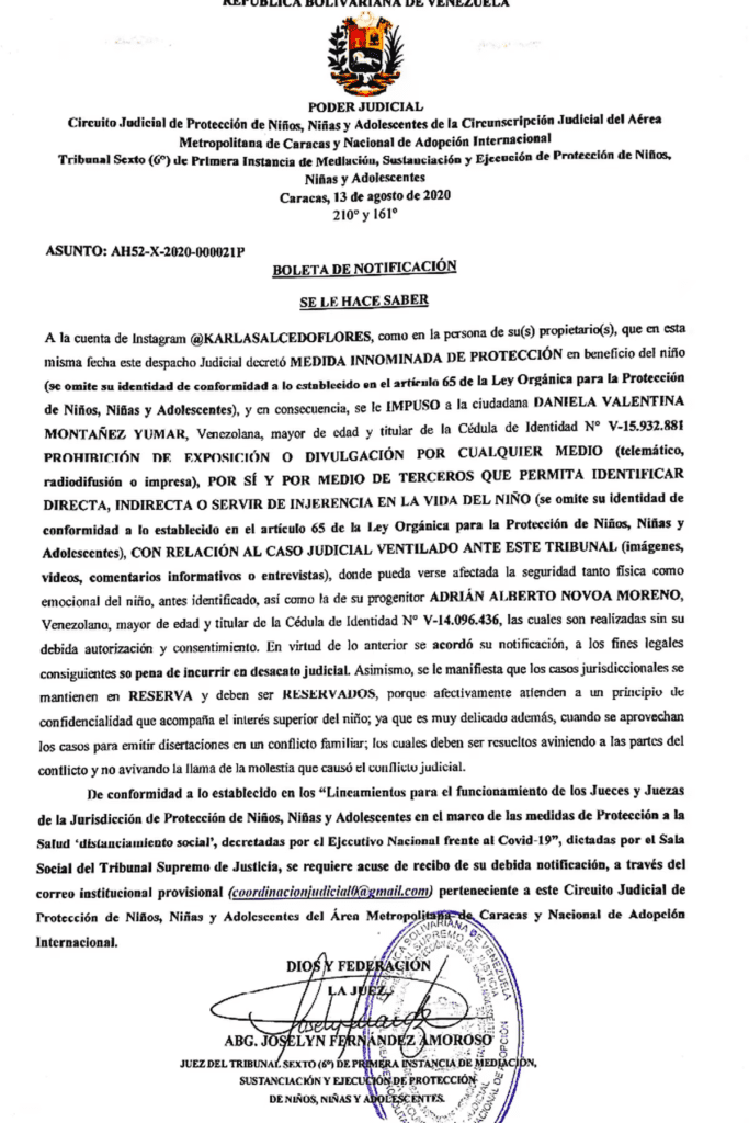La entonces juez sexta de Protección, Fernández de Amoroso, le prohíbe a Salcedo hablar del caso
