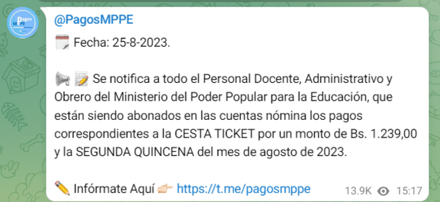 El pago de la segunda quincena se anunció el 25 de agosto. Foto: Pagos MPPE/Telegram
