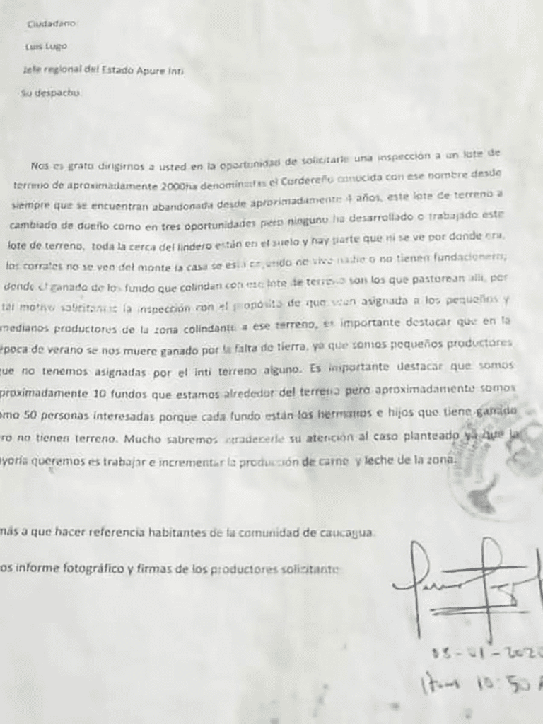 La comunicación donde solicitaron en enero 2020 la inspección y asignación de El Cordereño