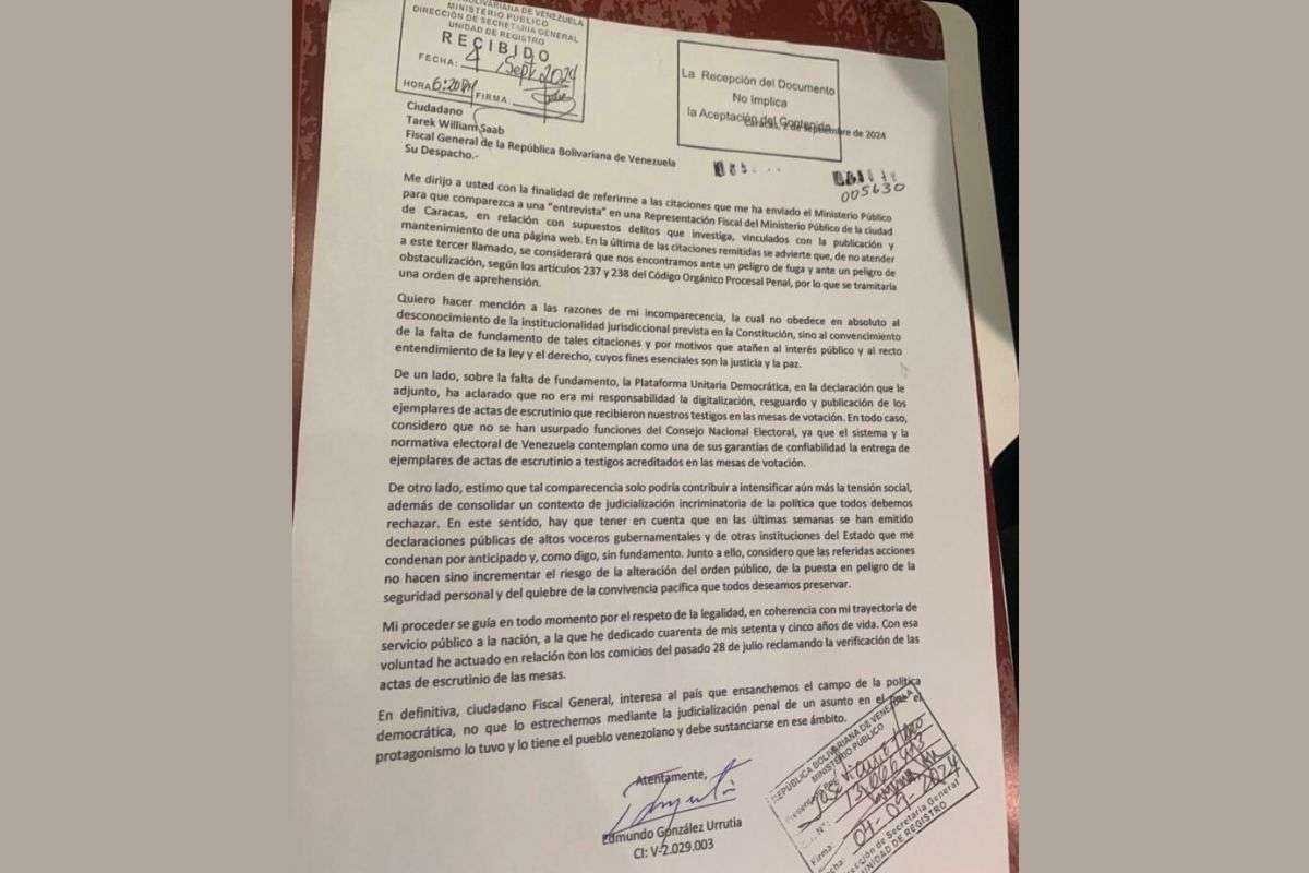 Carta de Edmundo González a la fiscalía