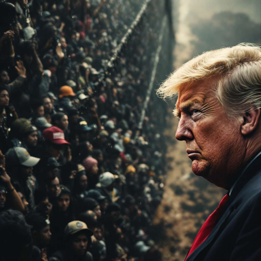caravana migrante hacia la frontera con Trump de frente IA