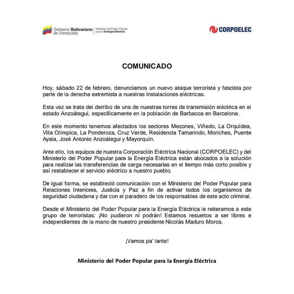 El anuncio más reciente de supuesto sabotaje para justificar otro apagón eléctrico