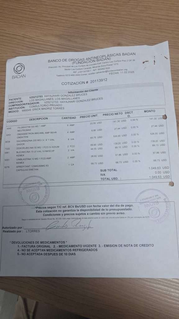 Este presupuesto es para 1 ciclo de quimioterapia, y Hayajhari González debe cumplir al menos con 6 ciclos.