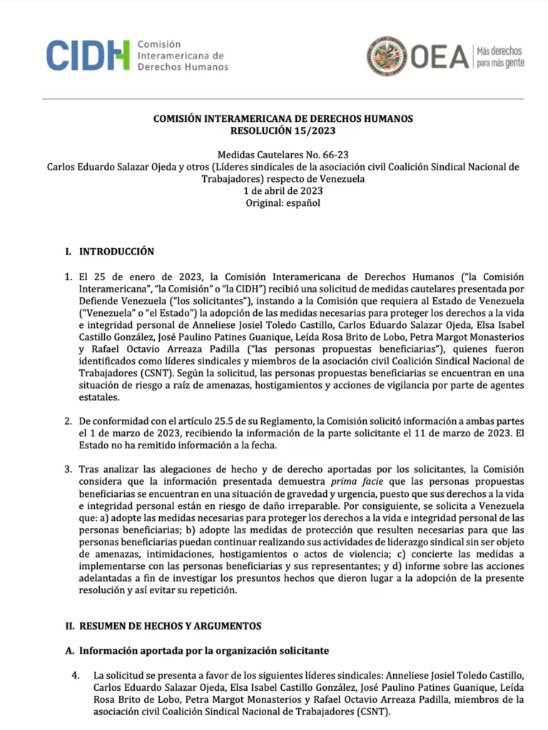 La CIDH decretó medidas a favor de siete miembros de la CSNT que el régimen no acata