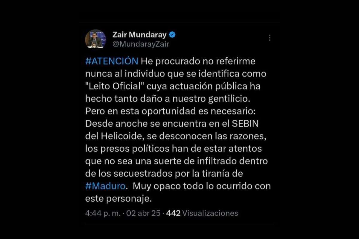 Abogado Zair Mundaray confirma detención de "Leito Oficial" en el Helicoide