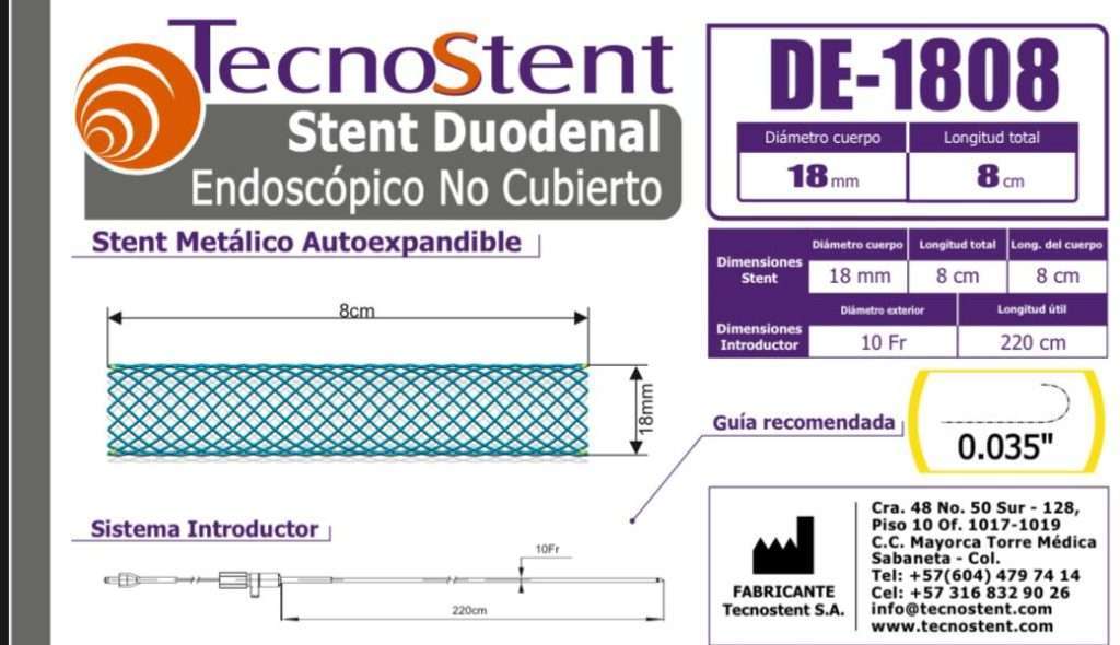 Especificaciones del Stent Duodenal DE-1808 que se requiere