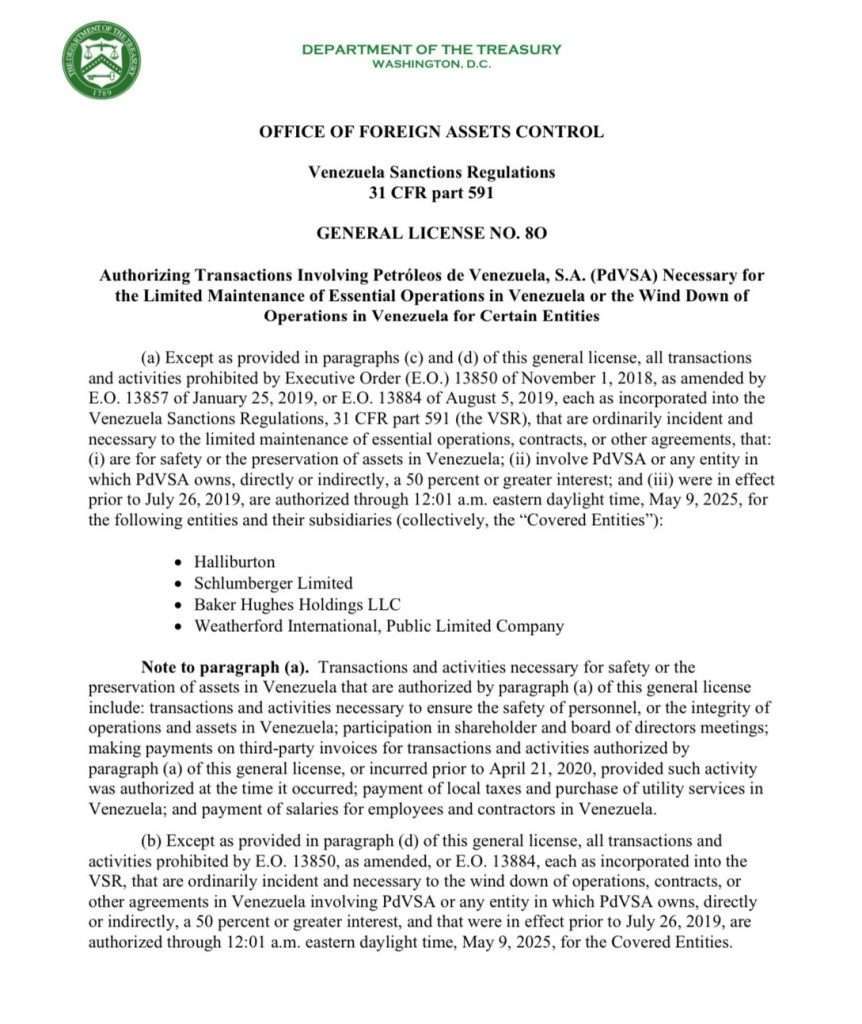 El Departamento del Tesoro de los Estados Unidos canceló la Licencia General No. 8O