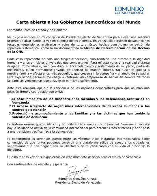 Carta Abierta a los Gobiernos Democráticos del Mundo