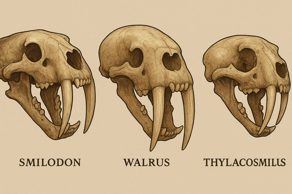 comparación entre el cráneo del Smilodon, una morsa y el Thylacosmilus