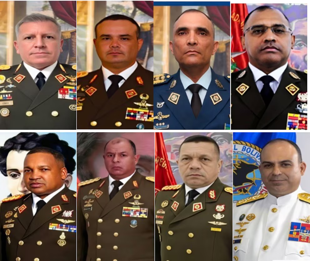 Jefes de las REDI, generales Lugo Rivera, Belestrini Jaramillo, Serrano Urdaneta, Ramos Iriza, González Ovalles, Lizano Comenter, Medrano Machado y Borjas Trujillo