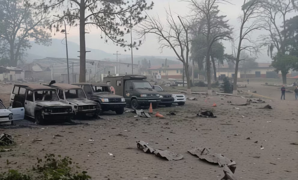 Vehículos dañados y escombros cubren el terreno en Fort Tiuna, Caracas, tras un incidente reciente que dejó varios SUV afectados por el fuego