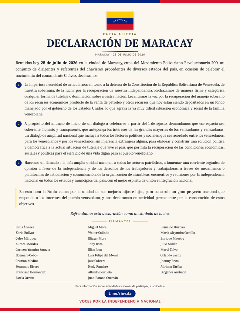 El Manifiesto de Maracay, suscrito por varios líderes del chavismo, ex ministros, ex alcaldes y ex dipuatdos