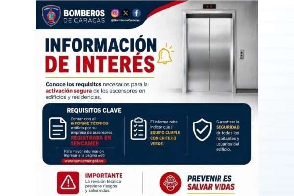 Bomberos de Caracas exigen informe de empresas registradas en Sencamer para poder activar ascensores en condominios