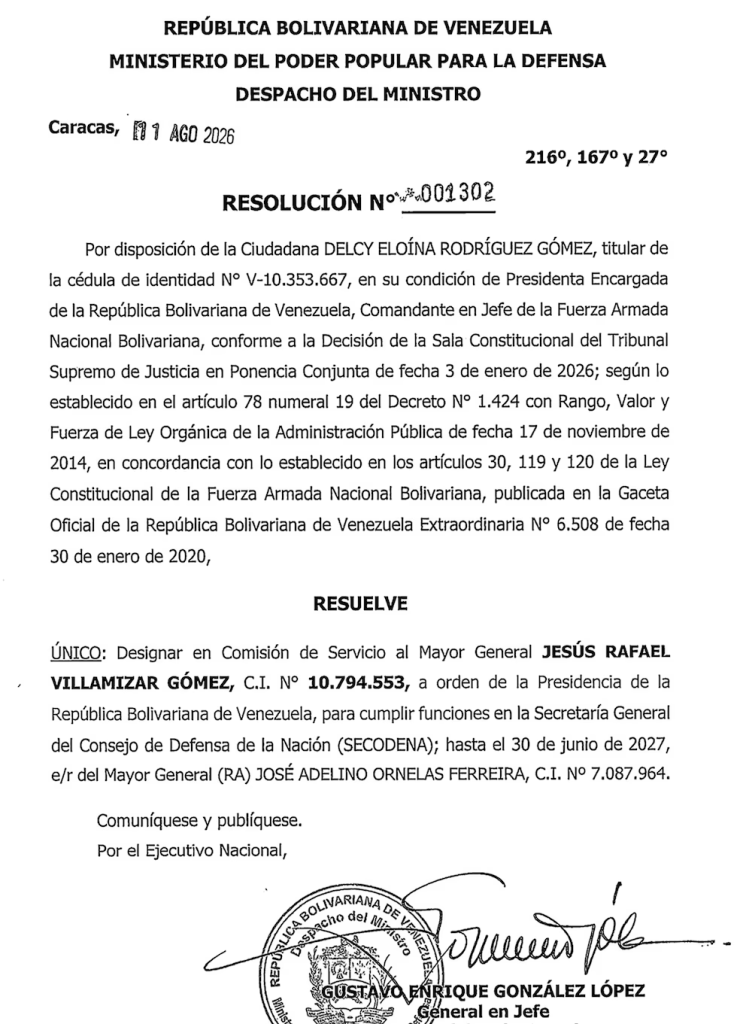 La resolución que refleja la salida del cargo de Ornelas y su retiro de la vida activa de la Fuerza Armada