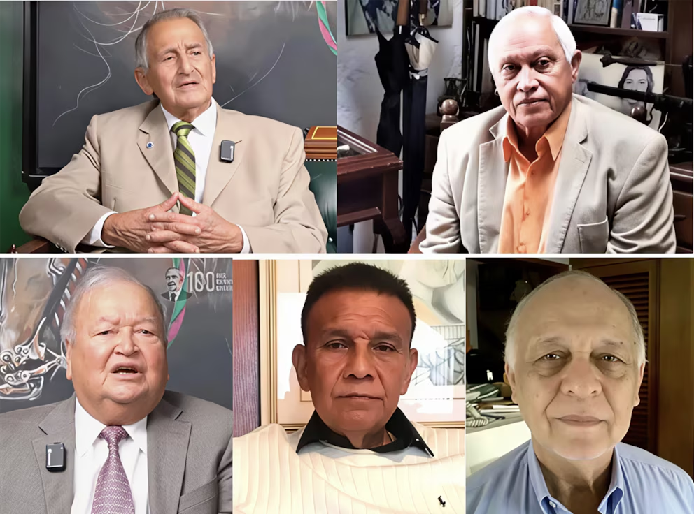 Los generales Juan Antonio Herrera Betancourt y Rafael Ángel Montero Revette, presidente y VP del FIM. Los GB (EJ) Juan Ferrer Barazarte y Eduardo Arturo Caldera Gómez, y el Contralmirante Elías Buchszer Cabriles